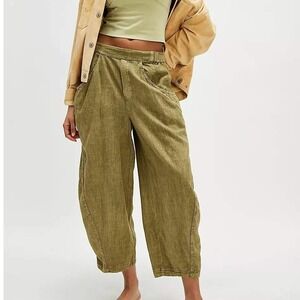 Free People High Road Solid Pull On Barrel Pants Small Linen Blend Cropped Green